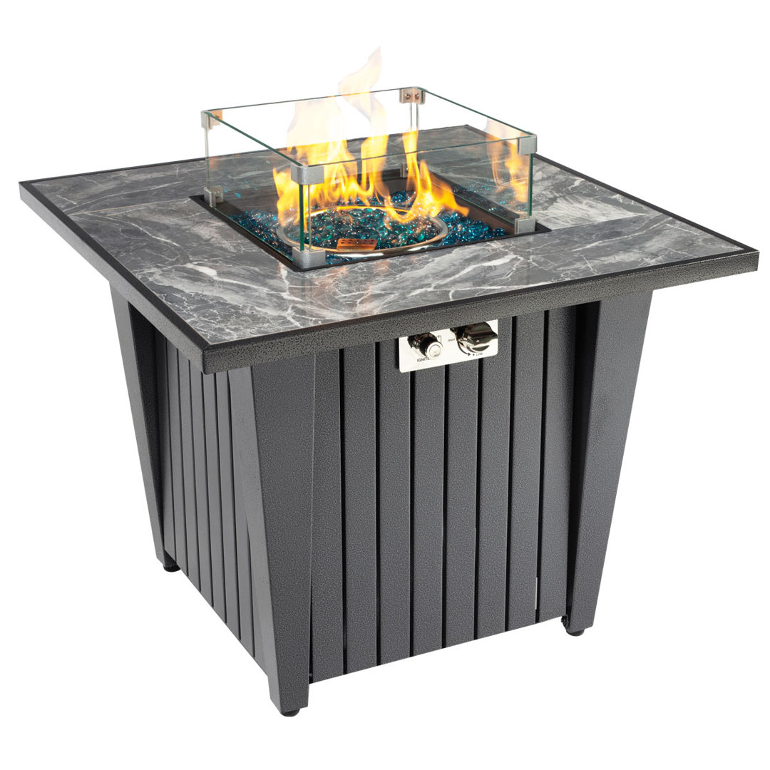Raelynn 25” H x 32'' W Outdoor Propane Fire Pit Table with Glass Wind Guard, Lid and Hideaway Gas Tank Seat, Marble Ceramic Tabletop, Fence Base Unique Design 50,000 BTU Brayden Studio®