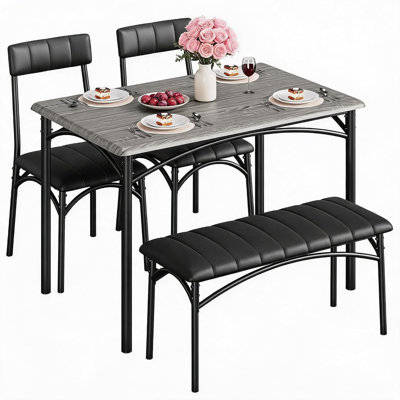 Ensemble de table de salle à manger 4 pièces peu encombrante - Table en bois, banc rembourré et 2 chaises - Sièges et dossiers rembourrés - Parfait pour les petits espaces - Gris