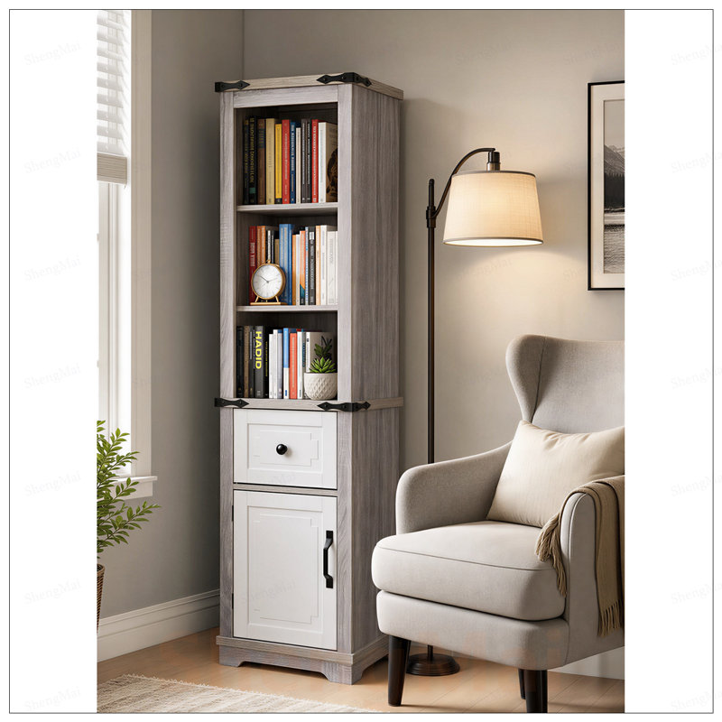 Armoire de rangement étroite avec tablettes réglables et tiroir, idéale pour la salle de bain et le salon