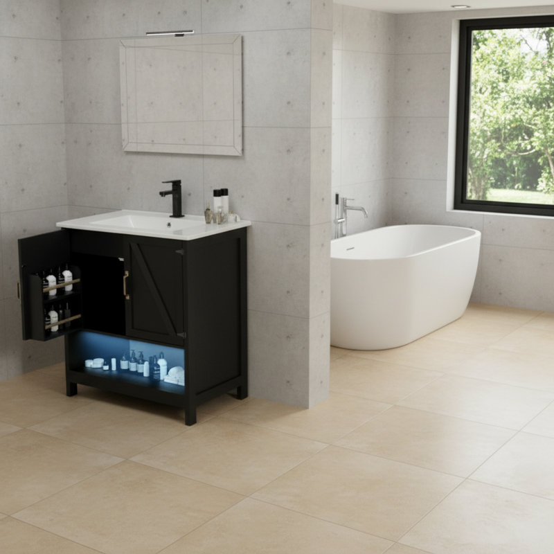 Meuble-lavabo noir, avec lavabo à DEL, portes à fermeture douce et support de rangement.