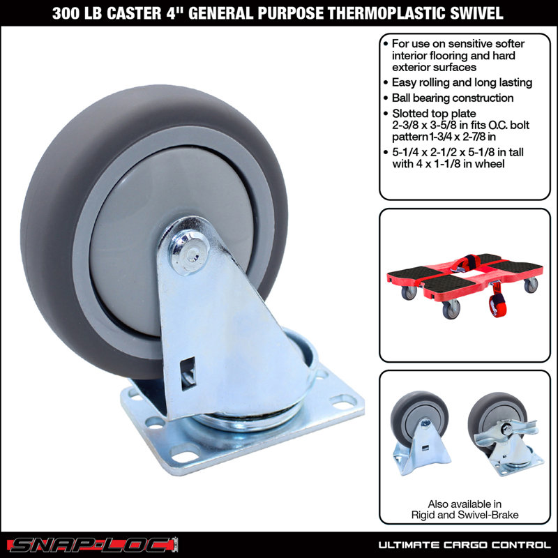 Black 4" Thermoplastic Swivel Caster with Slotted Plate