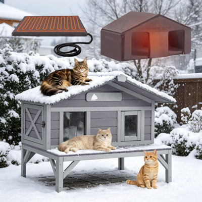 Outdoor Heated Cat House Insulated Weatherproof Kitty Condos Feral Cat Shelter With Escape Doors