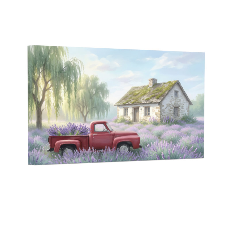 Plantes et fleurs, camion rouge, lavande, scène champêtre, 12” H x 18” W