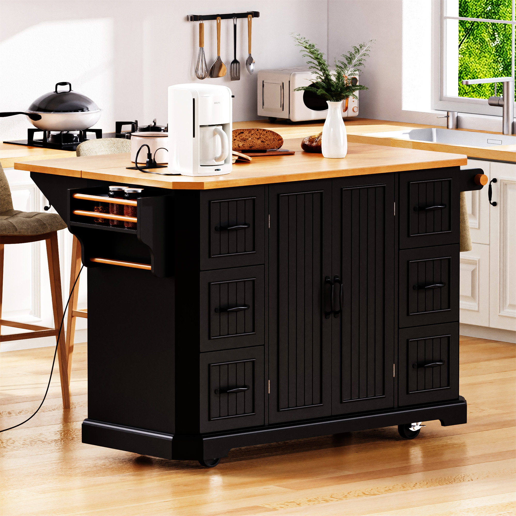 Lark Manor™ 56 Inch Kitchen Island With Rubber Wood Veneer Drop Leaf(No ...