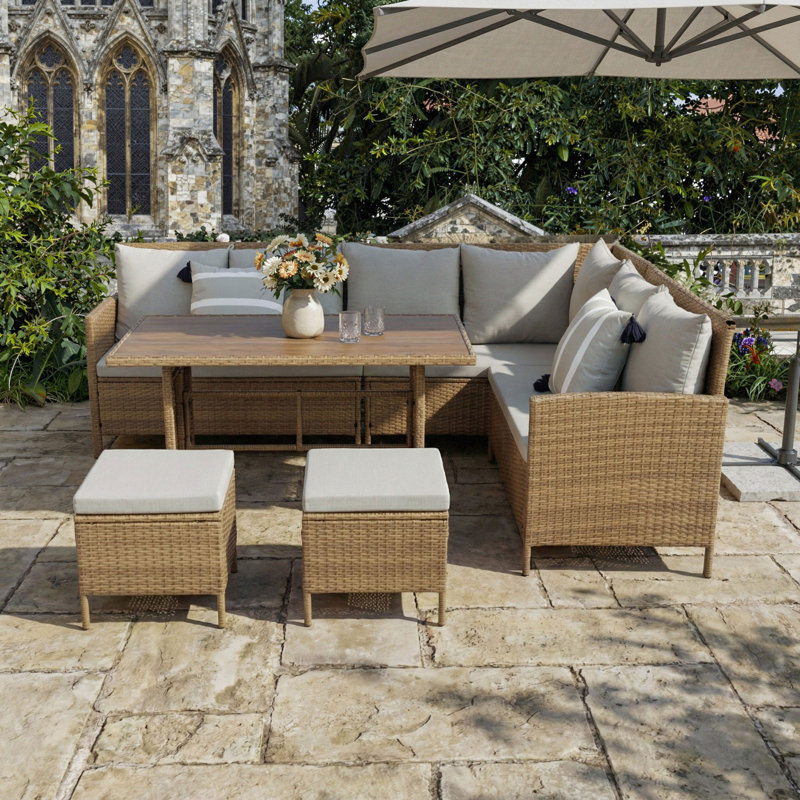 Wicker 7 - Person Garden Lounge Set with Cushions, Brown, Beige