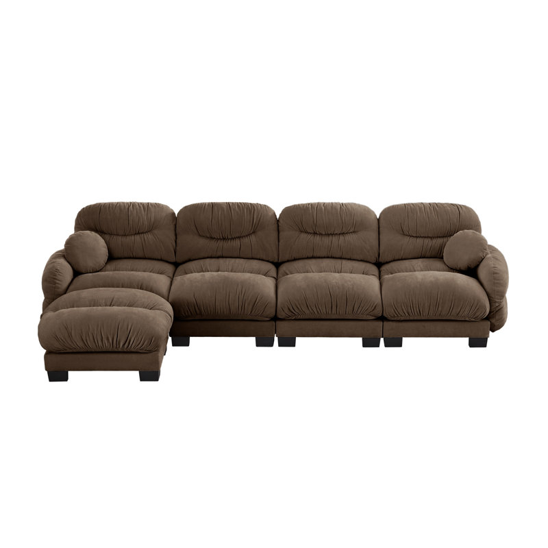 Canapé modulaire plissé en chenille modulaire - Canapé en L 4 places avec repose-pieds, mousse haute densité et accoudoirs courbés