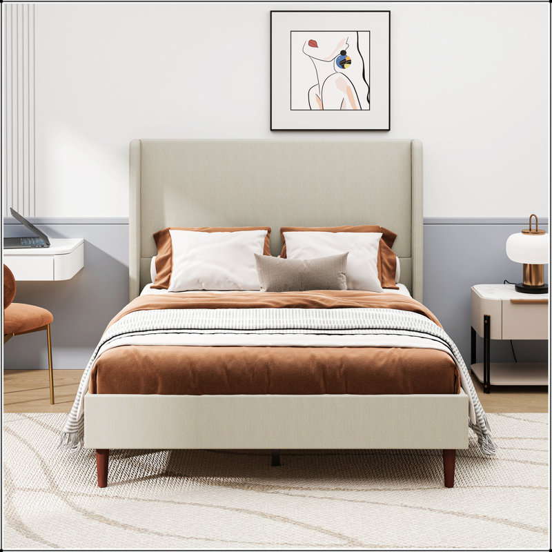 High Back Soft Bed Queen Size With 12-Slat Support, High Quality Linen Upholstery, Easy Assembly For Comfort And Durability