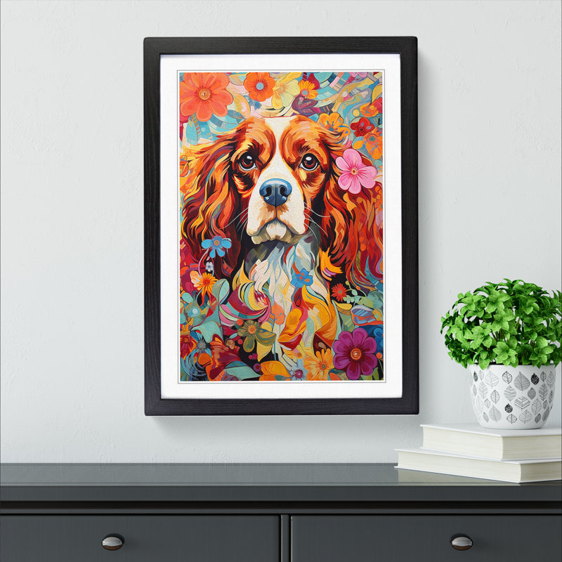 Cavalier King Charles Spaniel Expressionism - Single Picture Frame Print on Wood, 64cm H x 46cm W x 2cm D, Black Framed