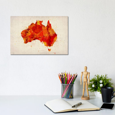 Map Of Australia (Red) Paint Splashes by Michael Tompsett - Wrapped Canvas Painting