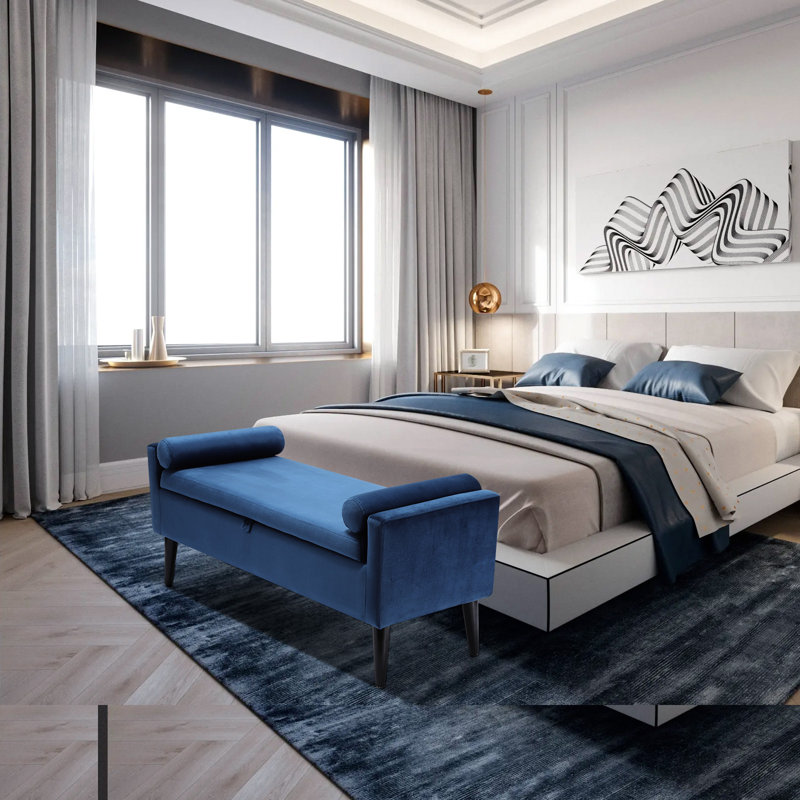 Banc de rangement rembourré Aslyn avec dessus de lit et repose-pieds 47 po avec 2 coussins ronds, Bleu