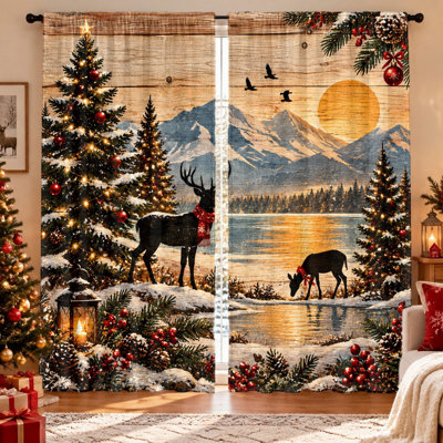 2 pièces de rideaux d'arbre de Noël cerf scène d'hiver, imprimé rétro paysage de neige festif, tissu filtrant la lumière, écran d'intimité, conception à passe-tringle, lavable à la machine, convient au salon, à la chambre à coucher, au balcon, à la cuisine, à la décoration intérieure,