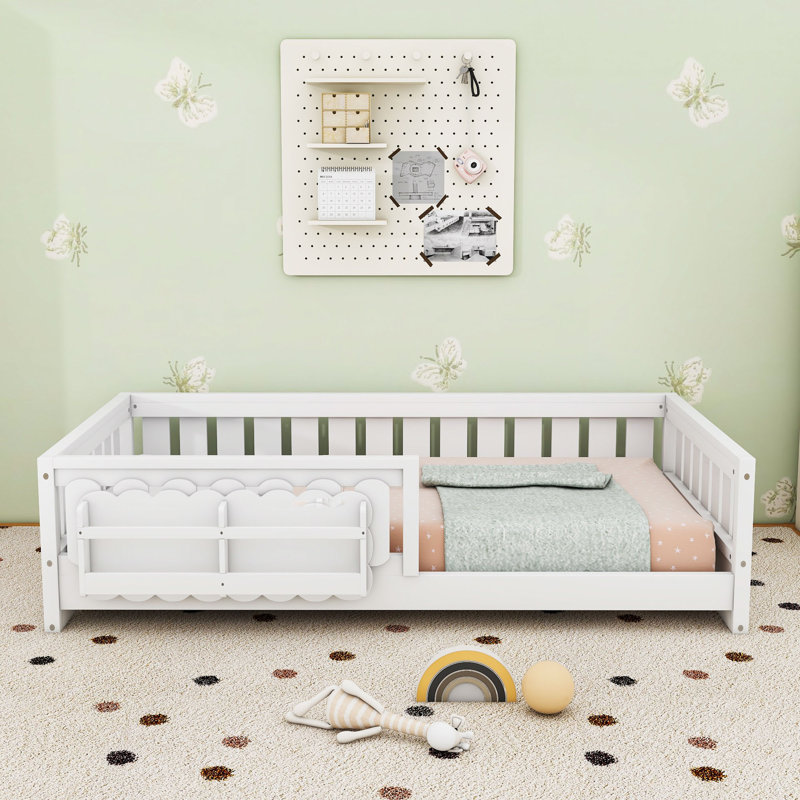 Lit plateforme en bois avec garde-corps et tablettes de rangement intégrées, Simple, Blanc