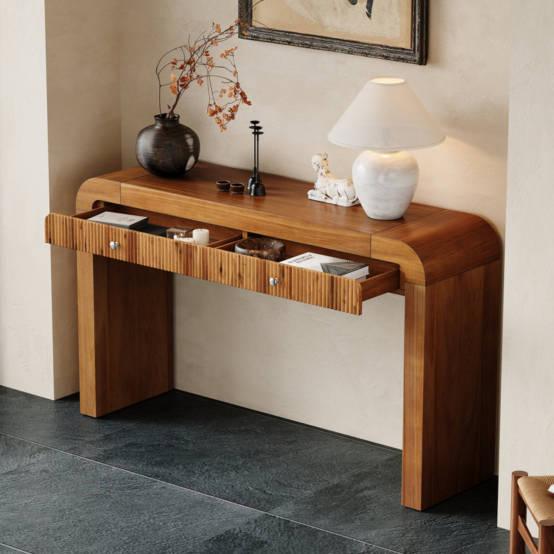 Rustic Petya with Fluted Drawer, Curved Corners and Thick Legs for Entryway or Living Room Use., Brown