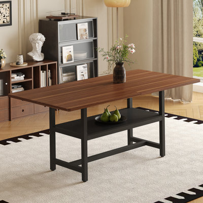 Table de salle à manger de 71 pouces en grain de noyer à la mode, parfaite pour les réunions de famille et les fêtes d'amis, avec des pieds en métal noir pulvérisé.