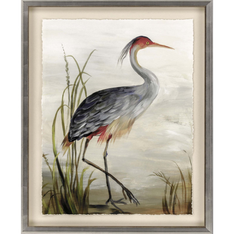 Gray Heron Framed Wall Art with Silver Leaf Finish
