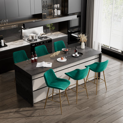 Set of Bar Stools, Velvet Upholstered Fabric Counter Stool With Solid Metal Frame and Velvet Low Back Armless
