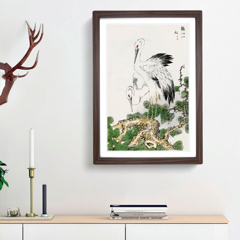 Two Japanese Storks by Numata Kashu - Picture Frame Painting Print, 87cm H x 62cm W x 2cm D, Walnut Framed