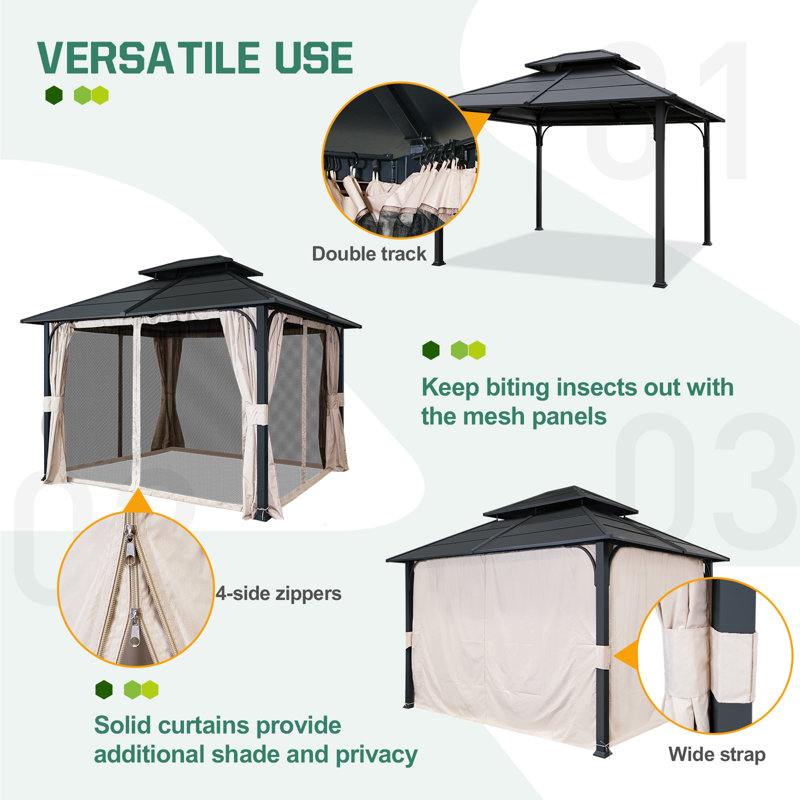 12 Ft. W x 10 Ft. D Metal Gazebo with 4-sided zippered nettings and light beige curtains