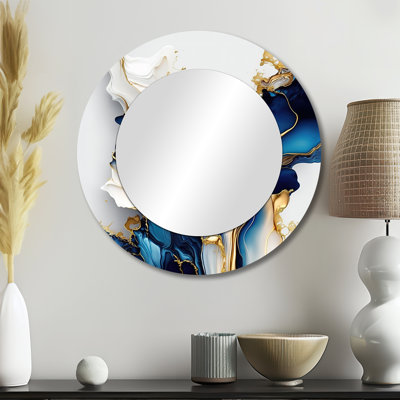 Storz Abstract Geode Gold And Blue Marble Shape III - Marble Mirror, Blue Round Decorative Wall Mirror, Printed Metal Art