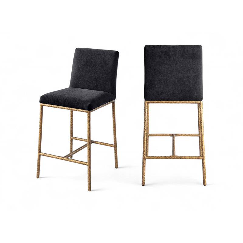 Tabouret de comptoir rembourré Reeves, Tissu chenille noir, Or brossé