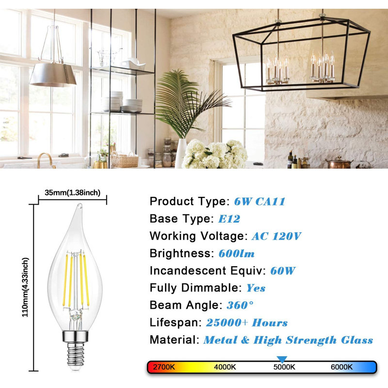 6 Watt (60 Watt Equivalent), CA11 LED, Dimmable Light Bulb, E12/Candelabra Base