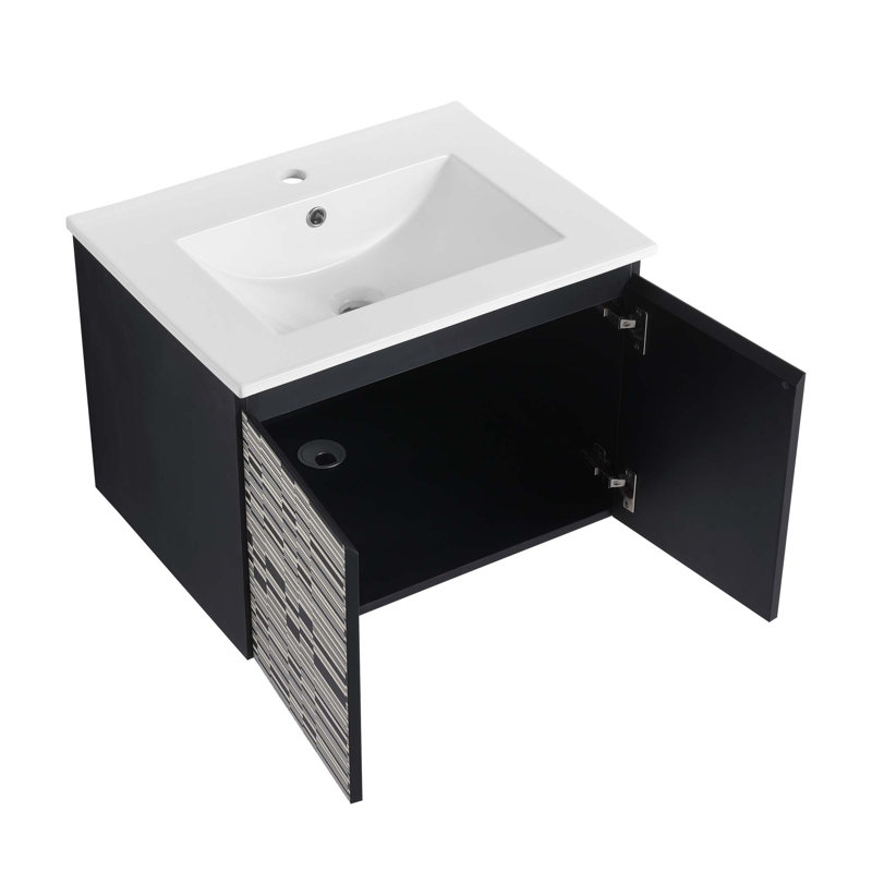 Meuble-lavabo flottant mural avec lavabo en céramique et porte d'armoire à fermeture en douceur