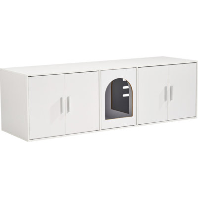 57.9" White Wooden Cat Litter Box Enclosure With Hidden Appearance, Comfortable Space, High - Load Capacity, And Wear Proof Surface Magnetic Suction Door, Pet Heavy Duty Loading, Pre Drilled Board