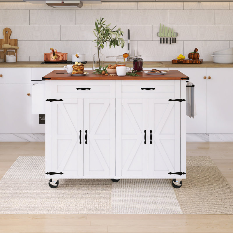 53.5" Drop-Leaf Countertop Kitchen Cart With Spice Rack & Power Outlet, White