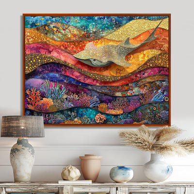 Abstract Stingray In Aquarium Colorful Collages I - Stingray Framed Canvas Print Wall Art