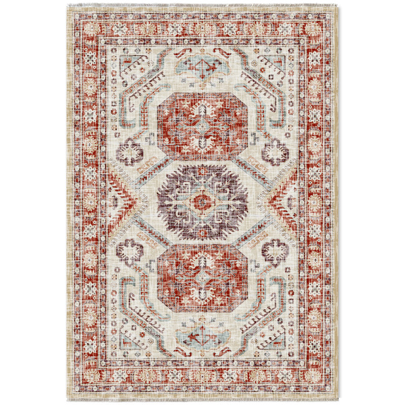 Pender Red Beige Moroccan Cotton Chenille Area Rug, Square 2'8"