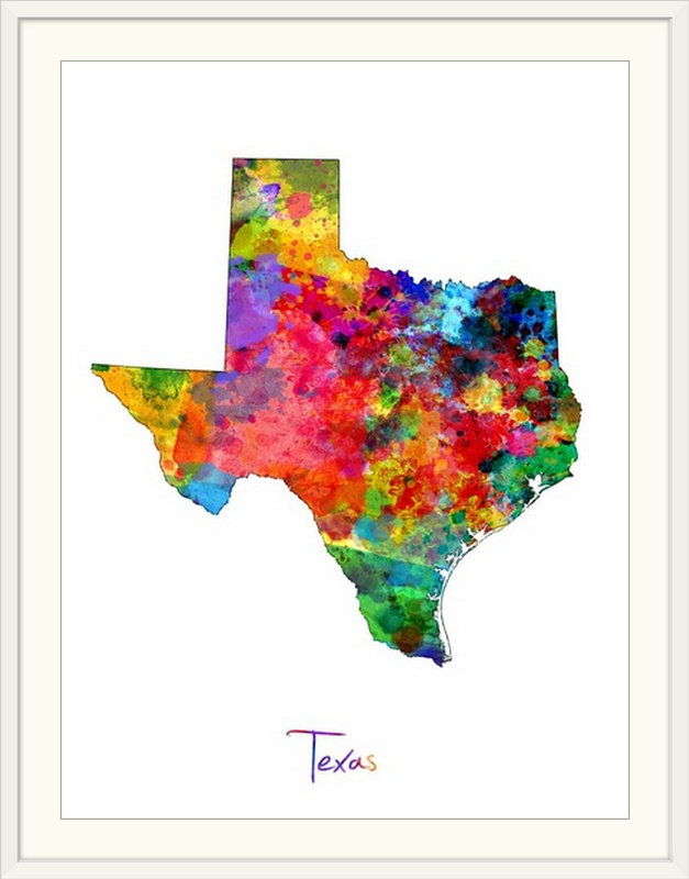 Francy «Texas Map» par Abarca, impression, Cadre blanc, H 24 po x l 20 po x P 1 po