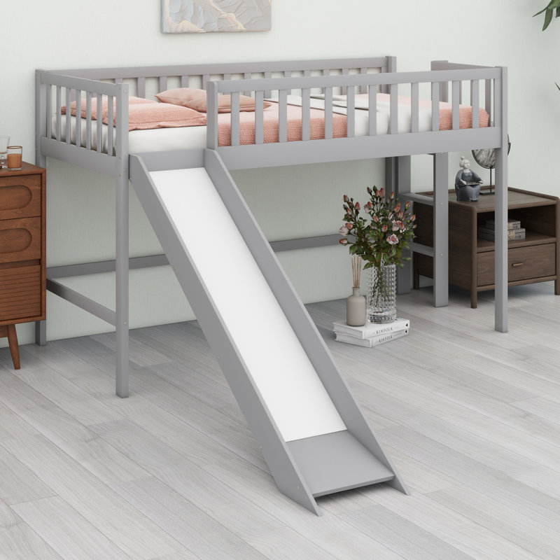 Aracelli Low Loft Bed With Ladder And Slide, Gray, Twin