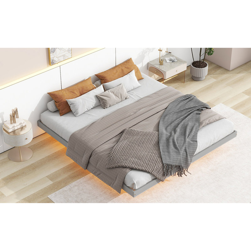 Lit flottant avec lumières DEL en dessous, lit plateforme moderne à profil bas avec lumières DEL, Gris, Très grand lit