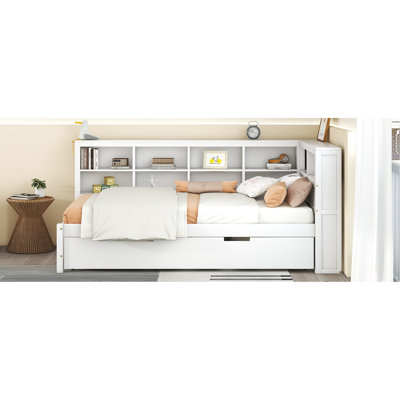 Lit de jour simple blanc avec couchette, charge et rangement, fabrication en bois de pin, structure, 10 lattes de lit, matelas de 6 po recommandé, peu encombrant, tablette de charge et poids maximum de 350 lb, blanc