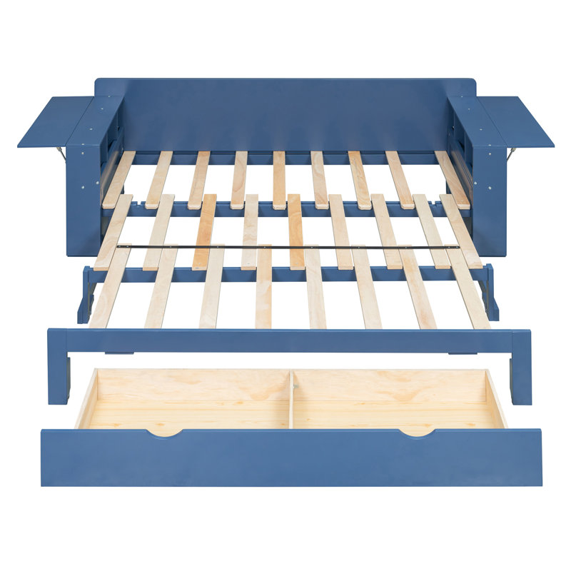 Grand lit de jour avec bureau amovible, tiroirs de rangement et table d'appoint hydraulique, bleu, Simple, Bleu