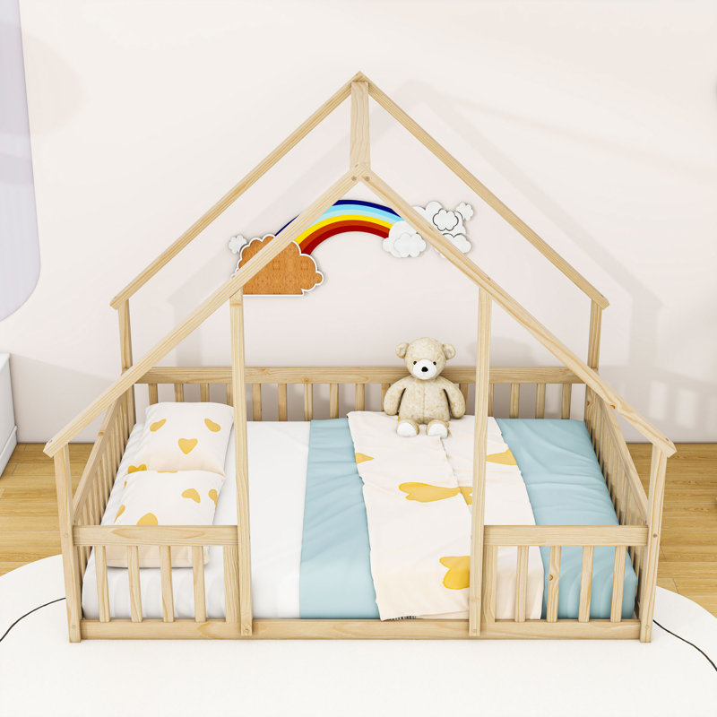 Wood House-Shaped Floor Bed With Fence, Natural, Full