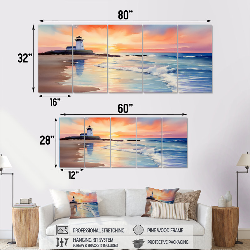 5 pièces d'art mural orange, coucher de soleil sur la côte, plage, H 28 po x l 60 po