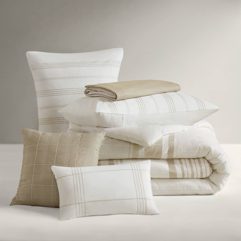 Morgan 6 Piece Cotton Jacquard Oversized Comforter Set, Queen Comforter + 5 Additional Pieces, Taupe/Ivory