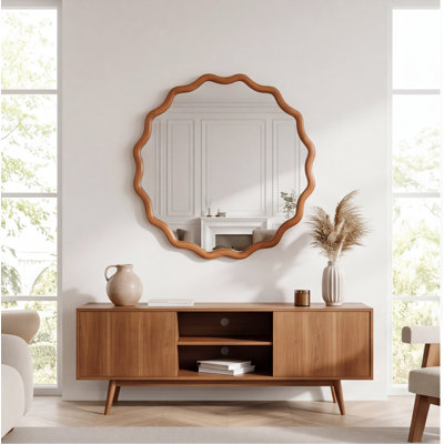 30-Inch Wavy Round Solid Wood Wall Mirror, Yellowish Brown – Decorative Mirror for Bathroom, Bedroom, Living Room, Entryway