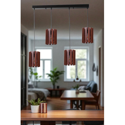 Elegant Adjustable Chandelier with Metal Body & Wooden Cap, Walnut & Black Finish, 14 x 7.5 inches | 80 cm Total Height, Base Plate: 25.6 x 2.4 x 1.2 inches | 4 x E27 Socket (Max 40W) | Stylish Lighting for Home Décor
