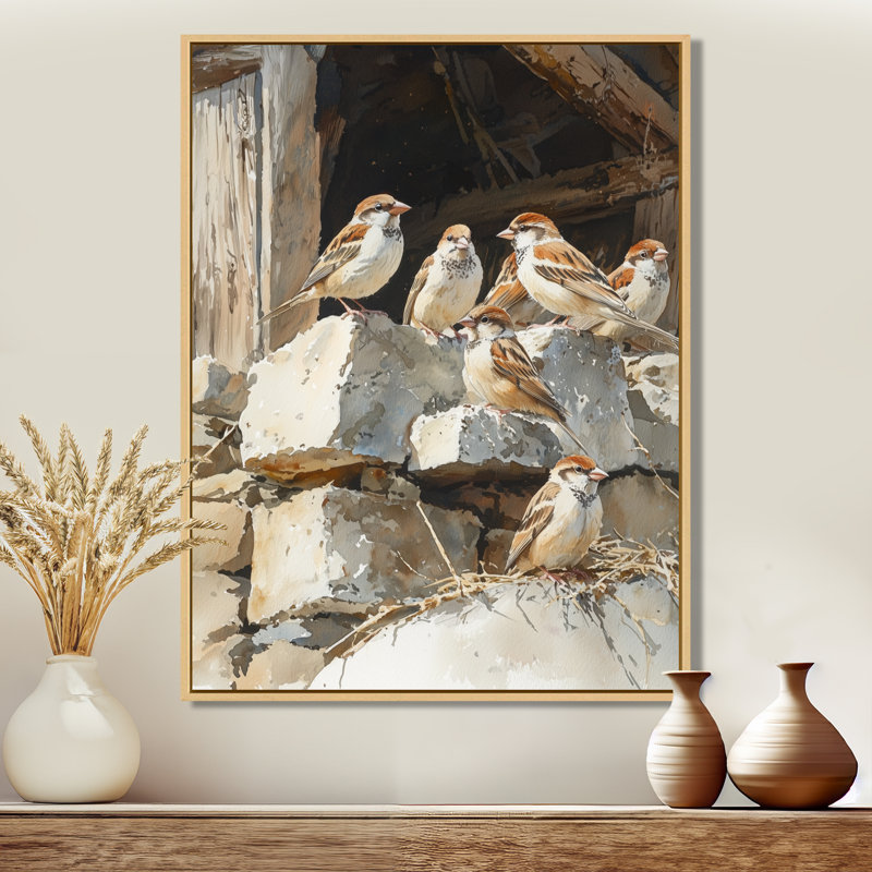 «Sparrows Birds In The Farmyard II», reproduction d'art sur toile encadrée, H 20 po x l 12 po, Crème, crème