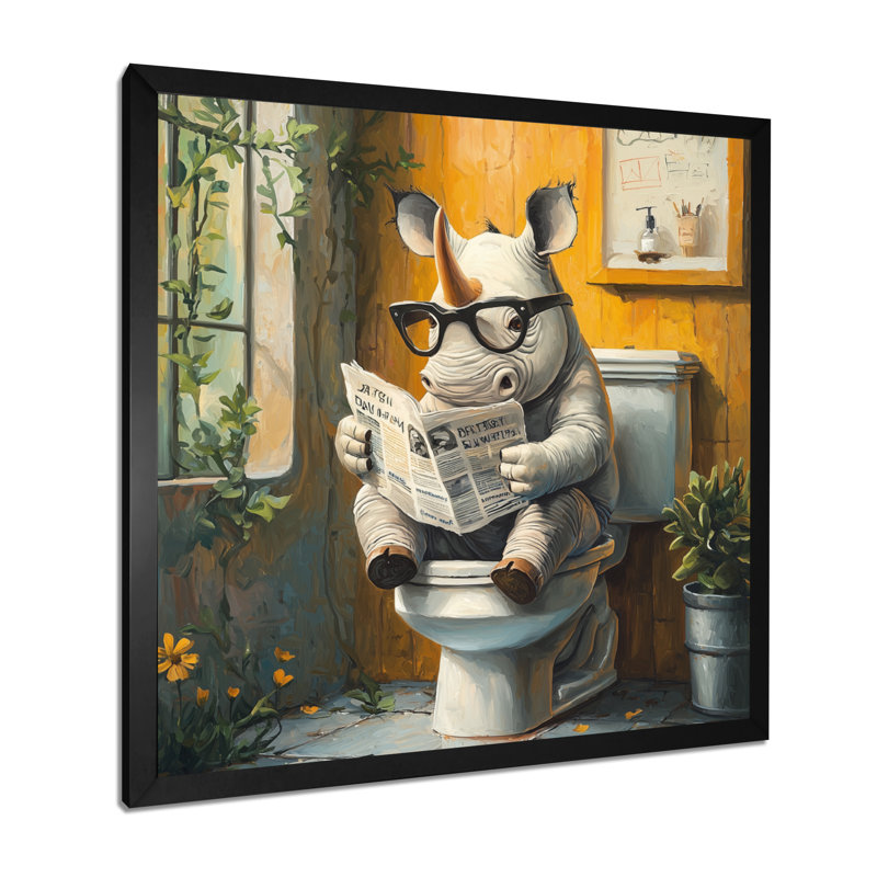 Mignon journal de Rhino prêt sur la toilette - animaux, art mural, Reproduction encadrée d'une seule photo, H 16 po x l 16 po