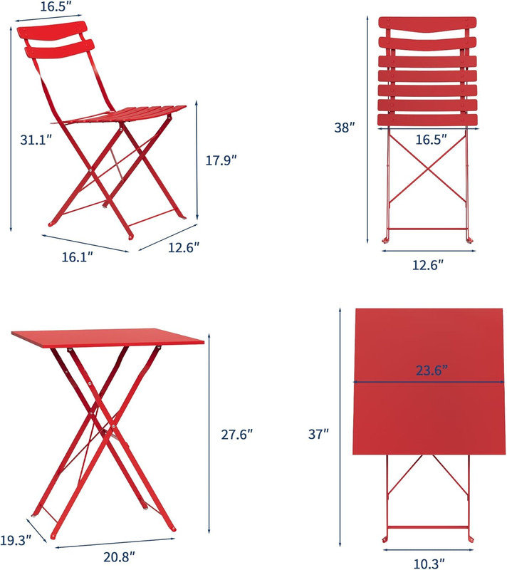 Ensemble bistro 3 pièces pliable - Sans assemblage, table de patio et 2 chaises pour balcon, cour, jardin, Rouge