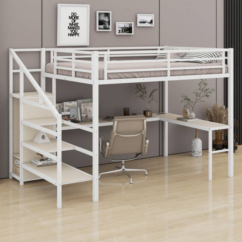 Loft Bed With L-Shaped Desk And USB,Wardrobe,Shelf,And LED