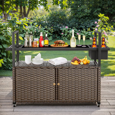 Outdoor Wicker Grill Cart With Spice Rack, Outdoor Rolling Kitchen Cart With Storage Cabinet, Kitchen Island On Wheels For Backyard Garden, Comfortable Round Handle