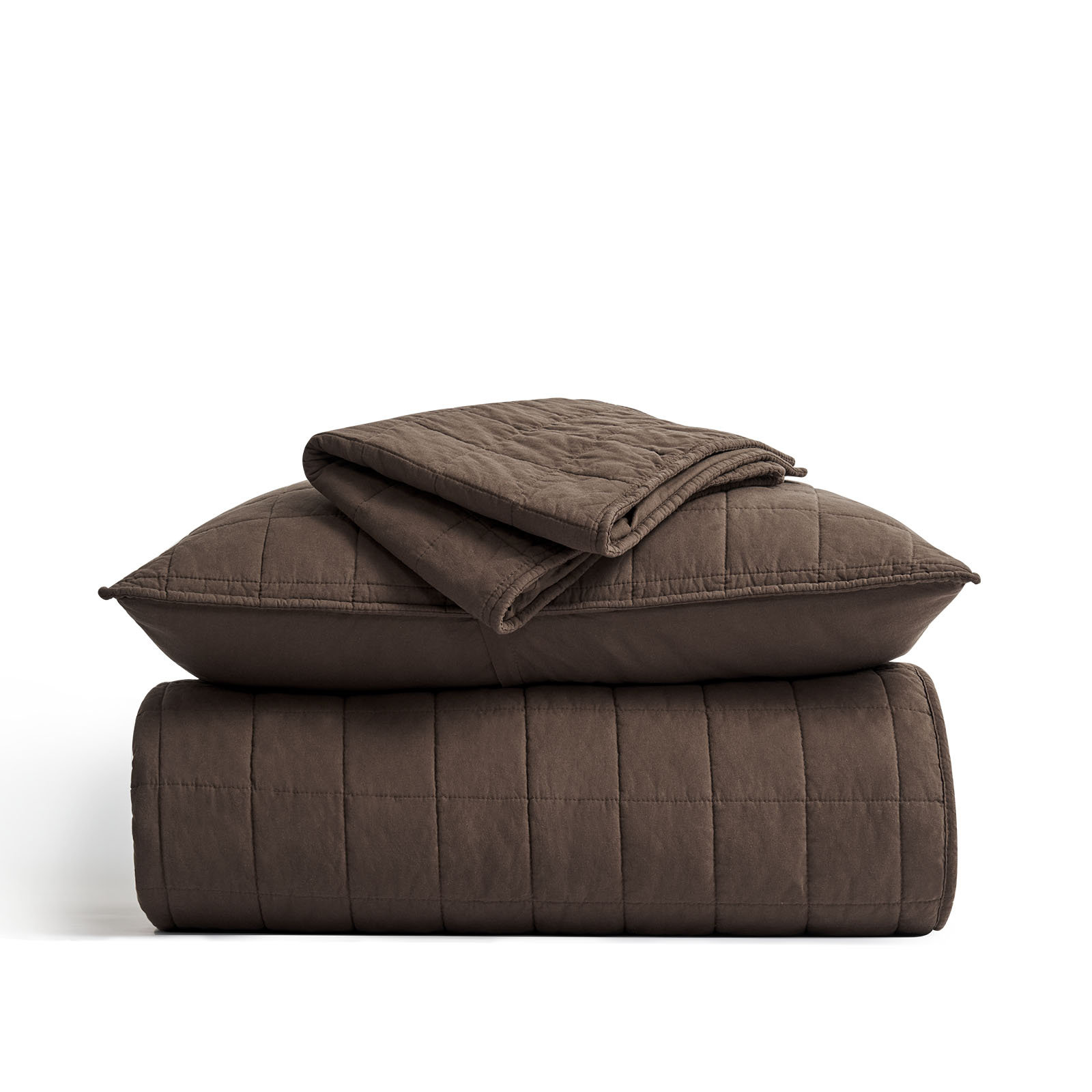 100% Cotton Box Stitch Quilt Set, Queen Quilt + 2 Queen Shams, Cocoa Brown