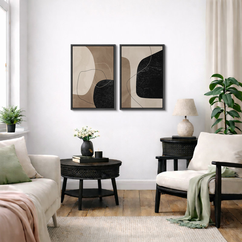 Forme Mid-Century «brun chaud et noir délavé, lignes abstraites, images murales modernes minimalistes neutres, impression sur toile encadrée 2 pièces, 16 x 24 x 2, 24 x 36 x 2