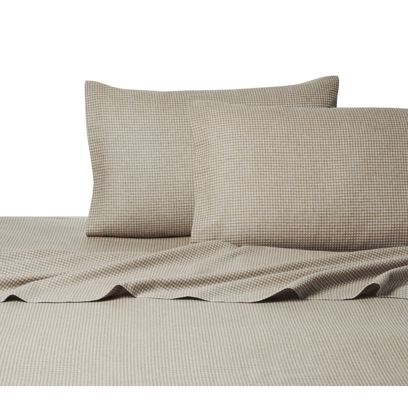 Heather 100% Cotton Standard Gingham Sheet Set, King Sheet Set + Fitted Sheet + 2 Pillowcases, Tan