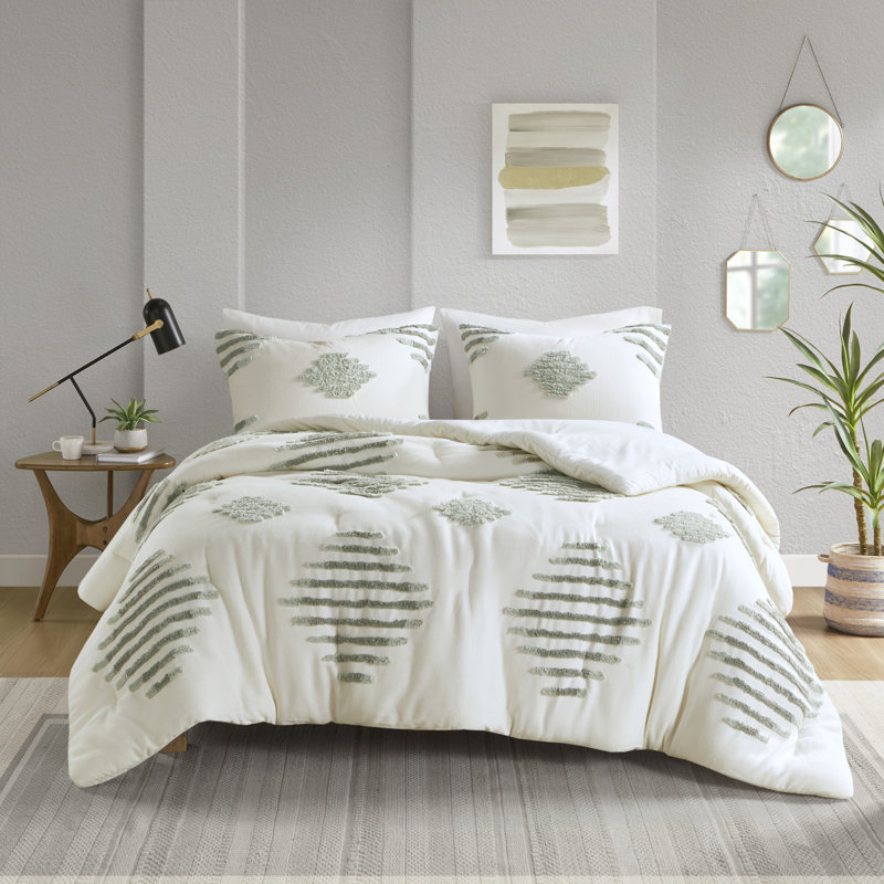 Ensemble d'édredon 3 pièces en chenille 100% coton Tahli, Full/Queen, Green