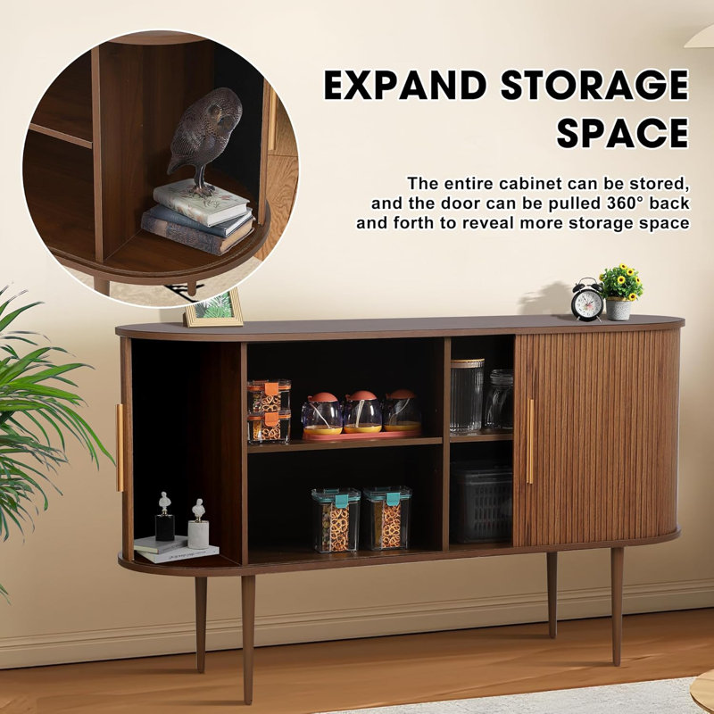 Brown Oak 55" Sideboard Buffet Cabinet with Fluted Sliding Doors